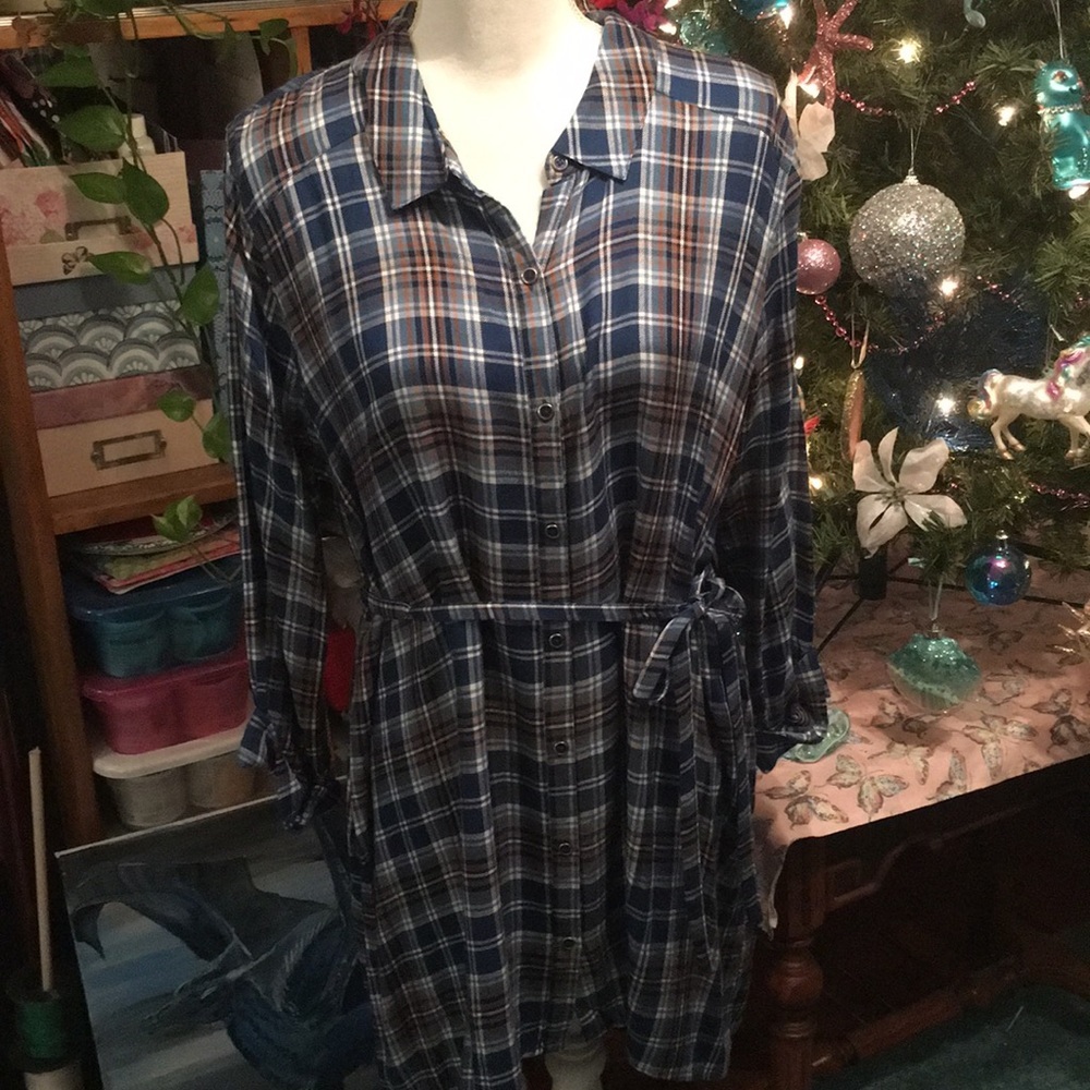 New Blue and Brown Plaid Maternity Tunic Top Checkered Large Fall pregnancy